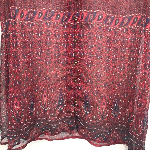 Converse One Star Burgundy Paisley Print Semi Sheer Button Up Tunic Blouse - Picture 5 of 16